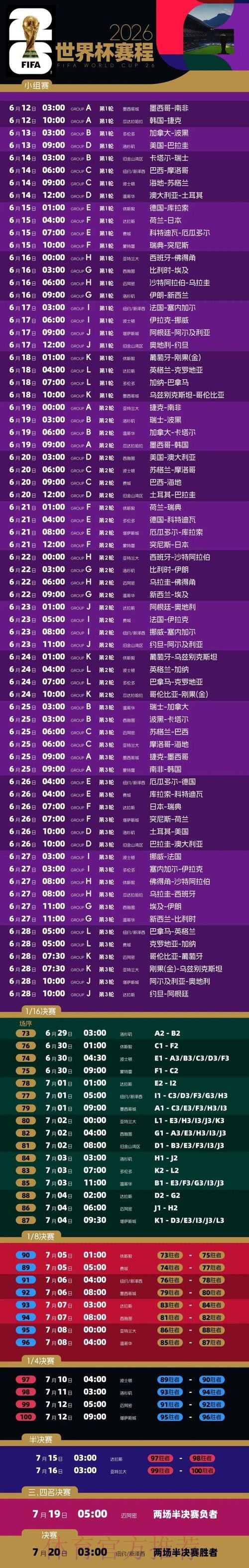 2026世界杯赛程表及高清直播时间安排 2026世界杯赛程表及高清直播时间安排